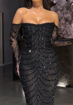 Luxury Beaded Sparkle Off the Shoulder Long Sleeve Mermaid Prom Dress