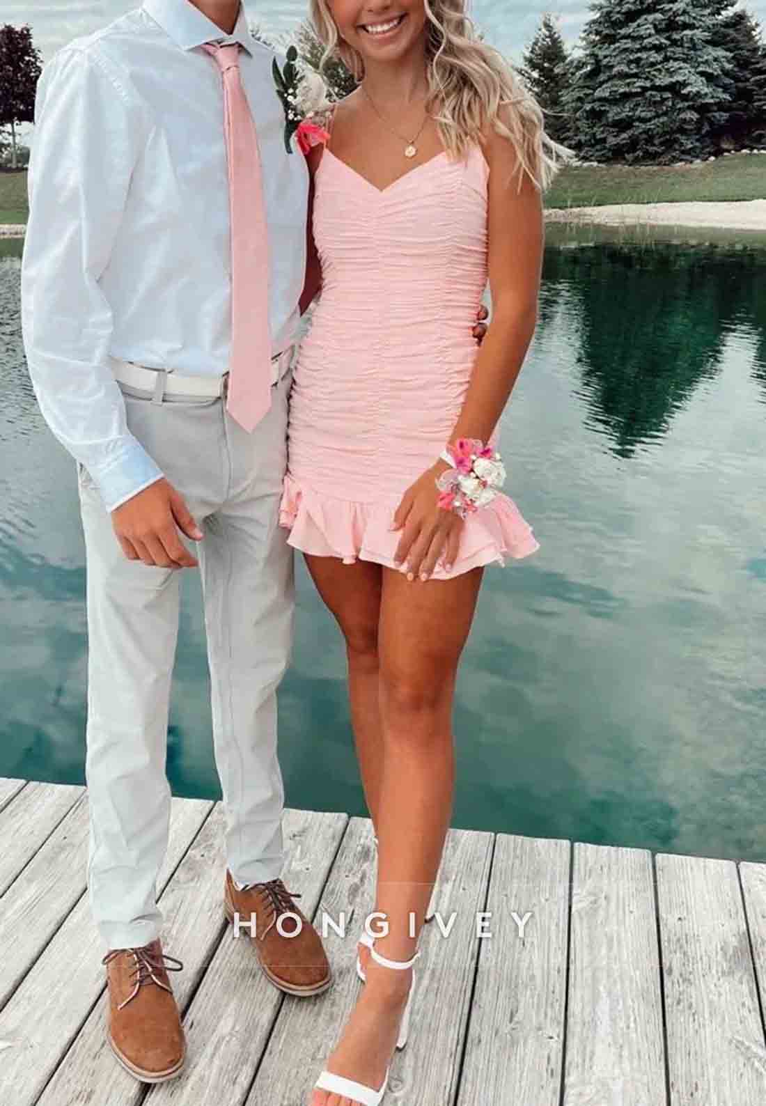 Fitted Flattering Spaghetti Straps Pink Mini Homecoming Dress with Ruched