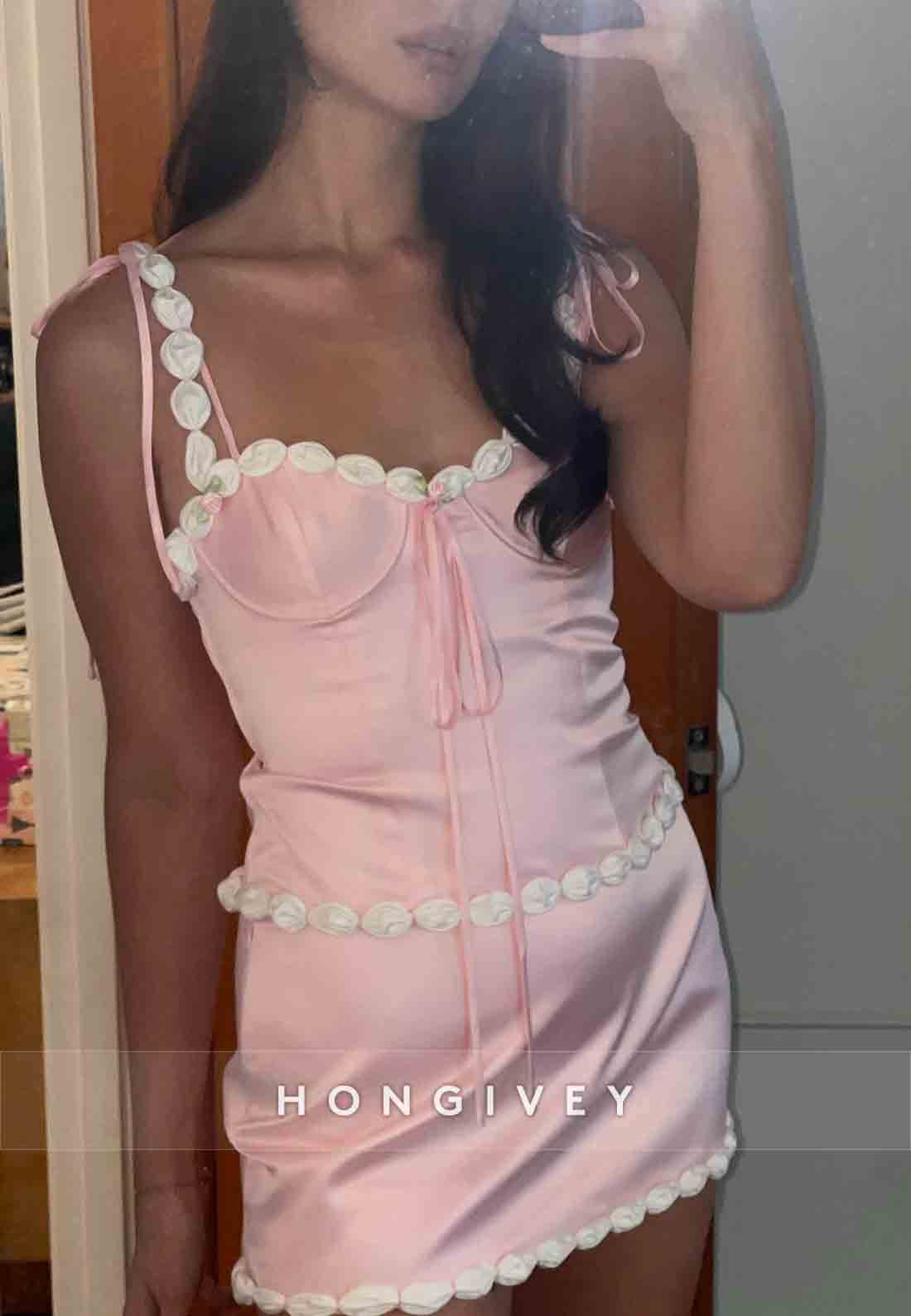 Cute Sheath Spaghetti Straps Pink Short Homecoming Dress with Appliques