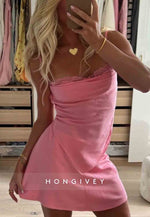 Cute A Line Pink Pleated Spaghetti Straps Sweetheart Short Homecoming Dress with Lace