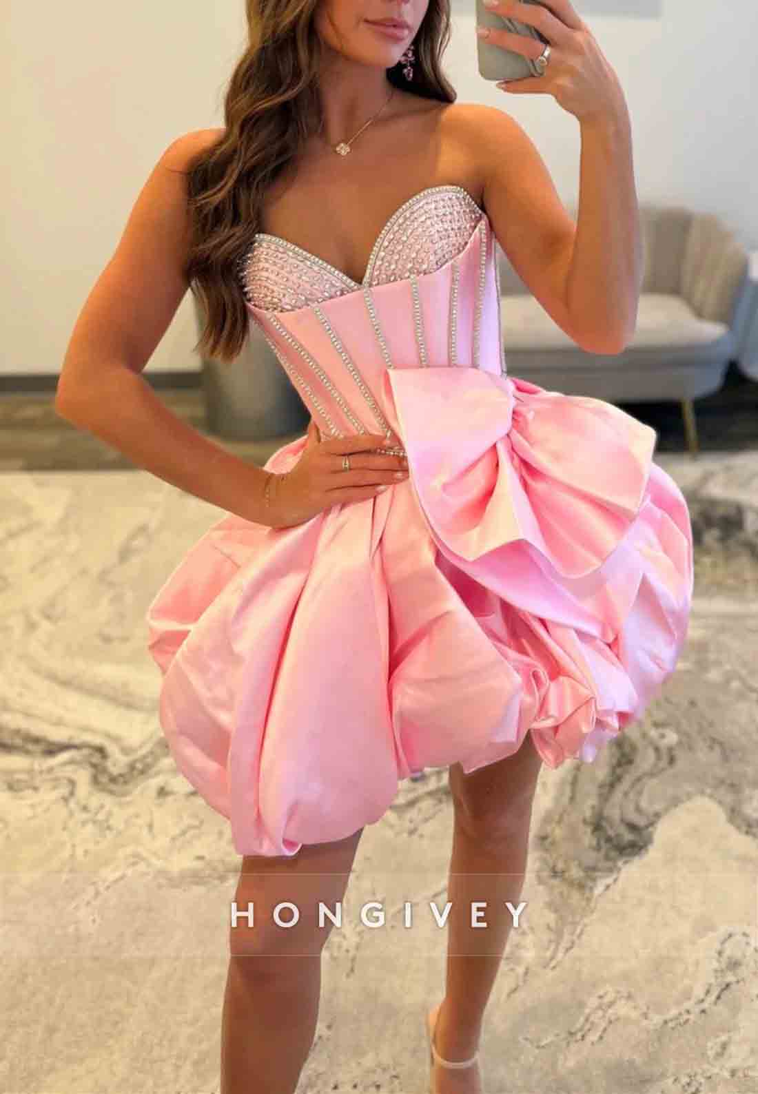Pink Strapless Bubble Hem Homecoming Dress with Rhinestone Corset Bodice and Bow