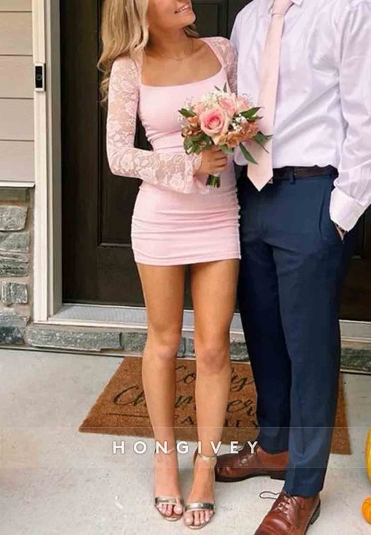 Simple Blush Lace Long Sleeves Pleated Mini Homecoming Dresses