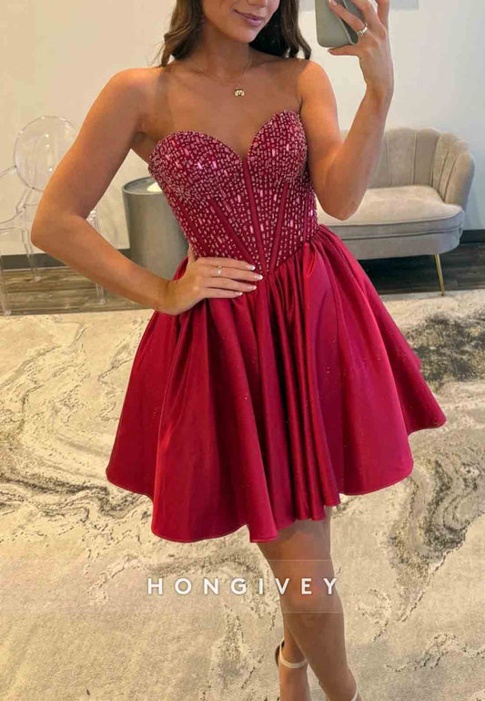 Satin Short Homecoming Dress with Beaded Corset Bodice and Sweetheart Neckline