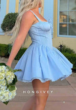 Sleeveless Regular Straps Square Neck Homecoming Dresses with Bowknot