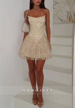 Gorgeous Goldrn Strapless A-Line Sequined Short Homecoming Dress