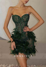 Sparkly Sweetheart Beading Sheath Mini Homecoming Dresses with Feather