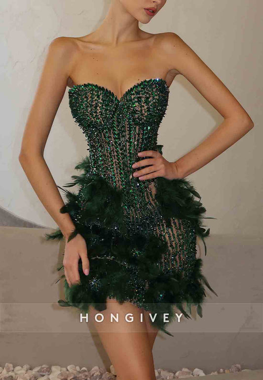 Sparkly Sweetheart Beading Sheath Mini Homecoming Dresses with Feather