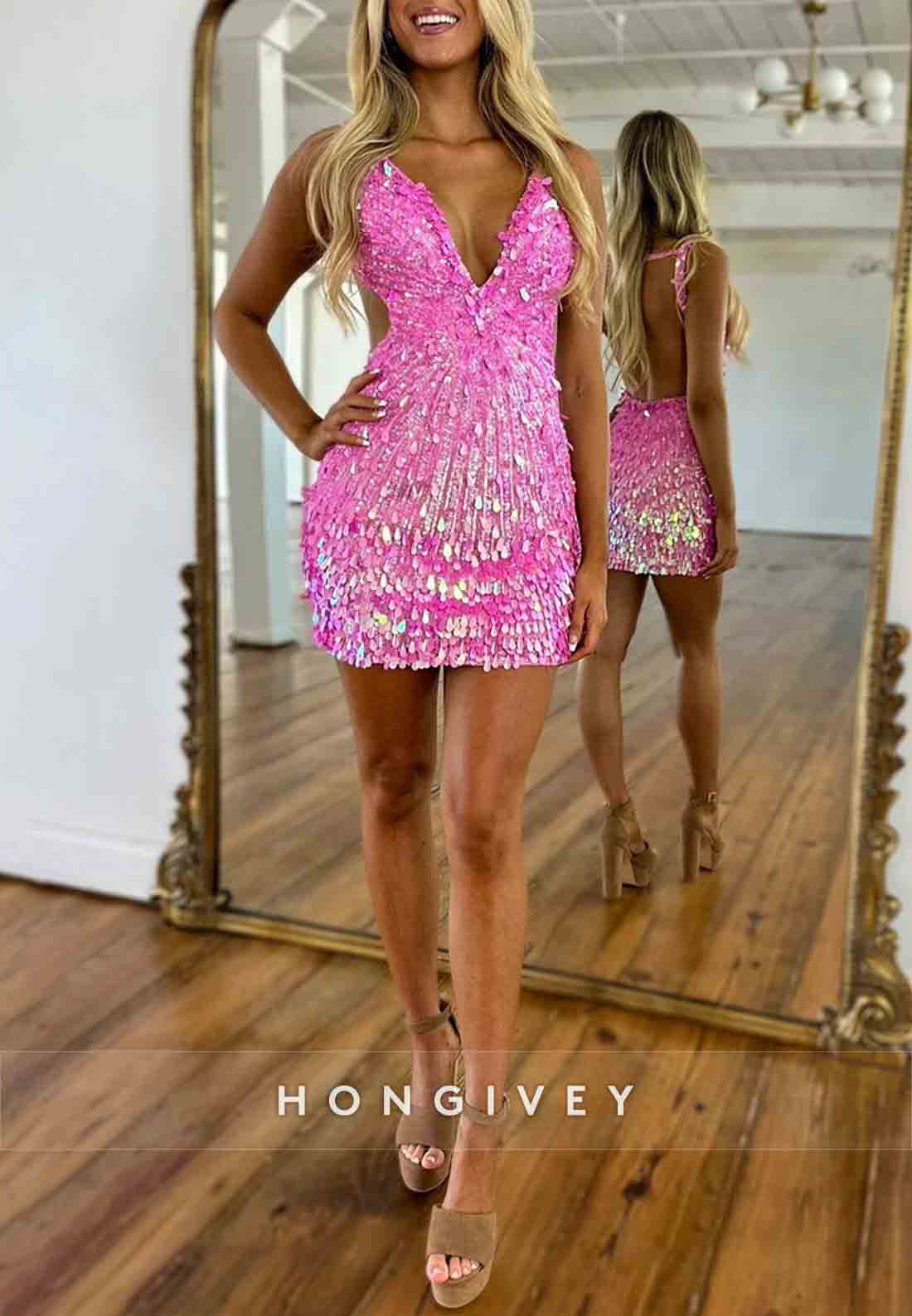 Regular Straps Low V-Neck Sheath Sleeveless Open Back Beading Min Homecoming Dresses