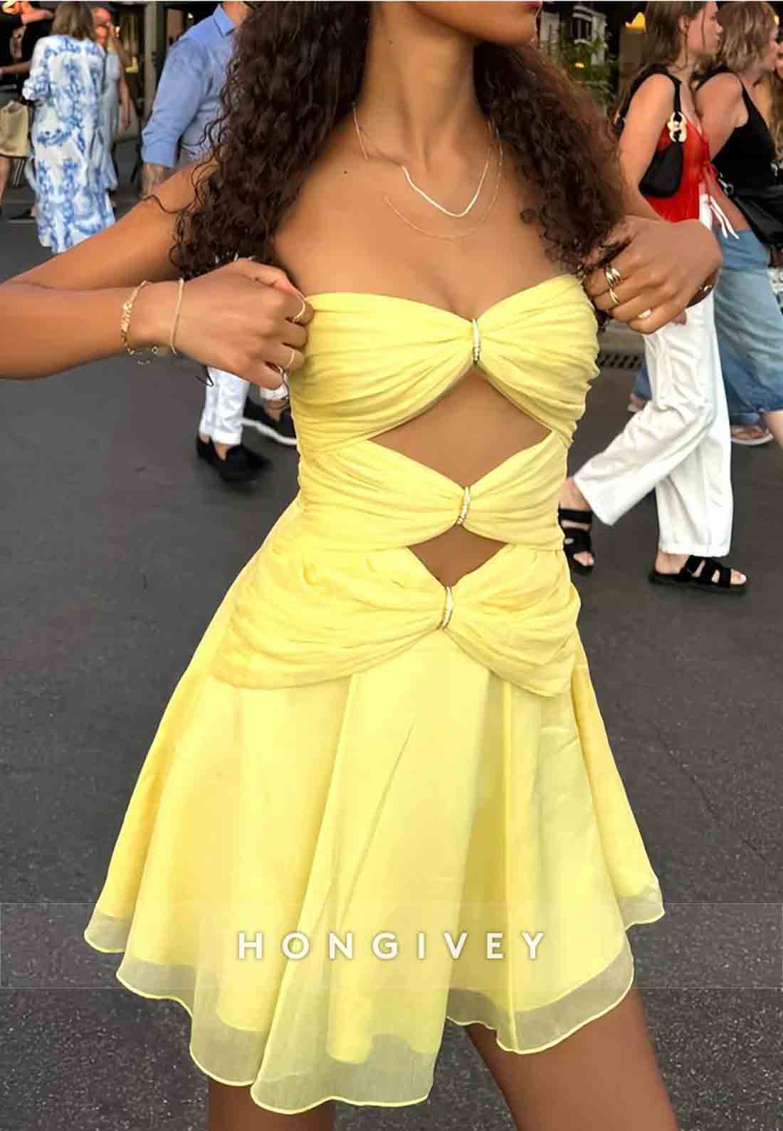 Stylish A Line Strapless Yellow Short Homecoming Dress with Keyhole