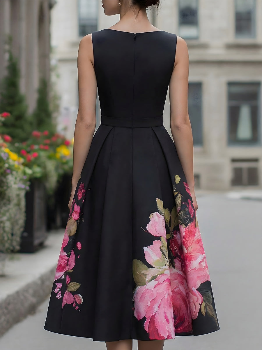 Elegant Sleeveless Midi Dress With Floral Printed Skirt