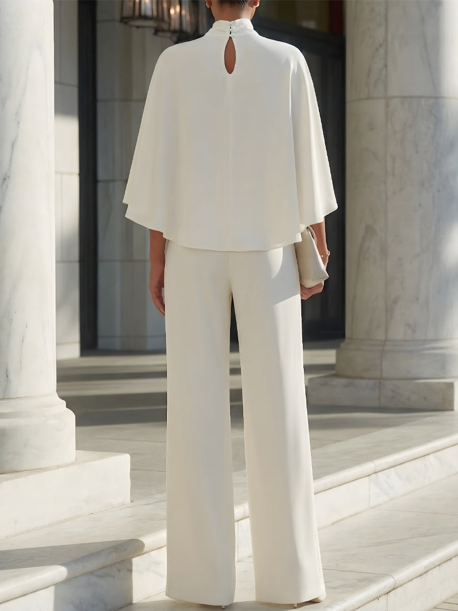 Cape-Sleeve High-Neck Blouse Slit Wide-Leg Trousers Set