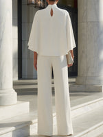 Cape-Sleeve High-Neck Blouse Slit Wide-Leg Trousers Set