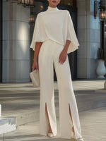 Cape-Sleeve High-Neck Blouse Slit Wide-Leg Trousers Set