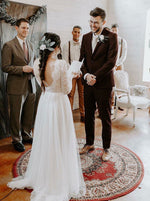 Long Sleeves Backless Lace Top A-Line Round Neck Wedding Dress