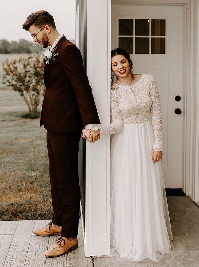 Long Sleeves Backless Lace Top A-Line Round Neck Wedding Dress