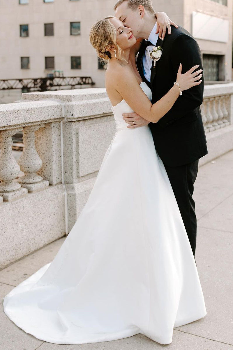 A-Line Strapless White Satin Wedding Dresses