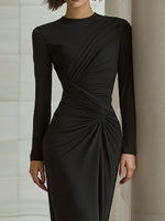Black Asymmetric Draped Long-Sleeve Column Maxi Dress