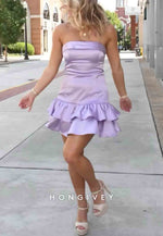 Cute Sheath Strapless Lilac Satin Short Homecoming Dress with Ruffles