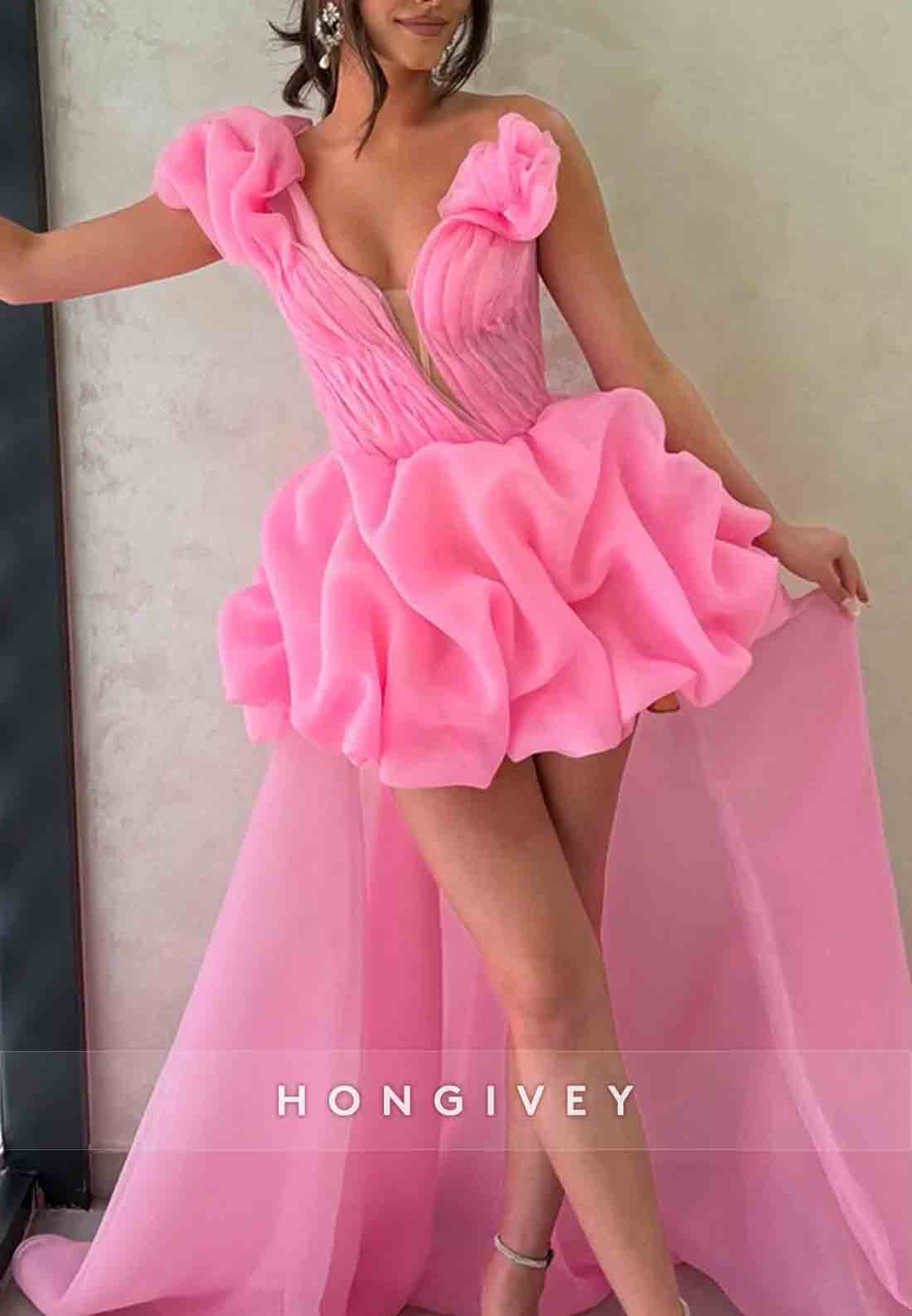 Gorgeous A Line One Shoulder Pink High Low Homecoming Dress with Train