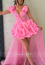 Gorgeous A Line One Shoulder Pink High Low Homecoming Dress with Train