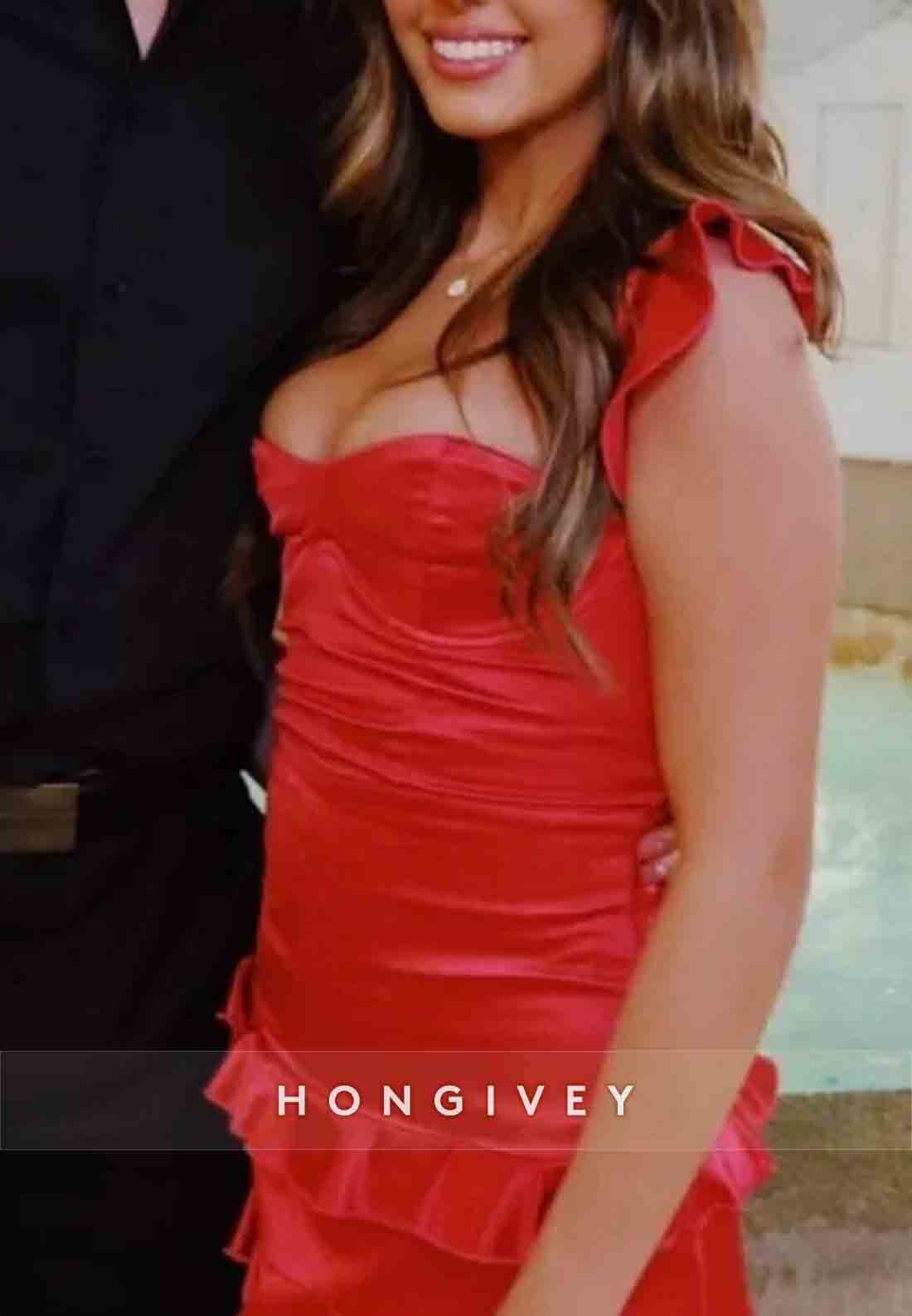 New Sheath Sweetheart Red Satin Mini Homecoming Dress with Ruffles