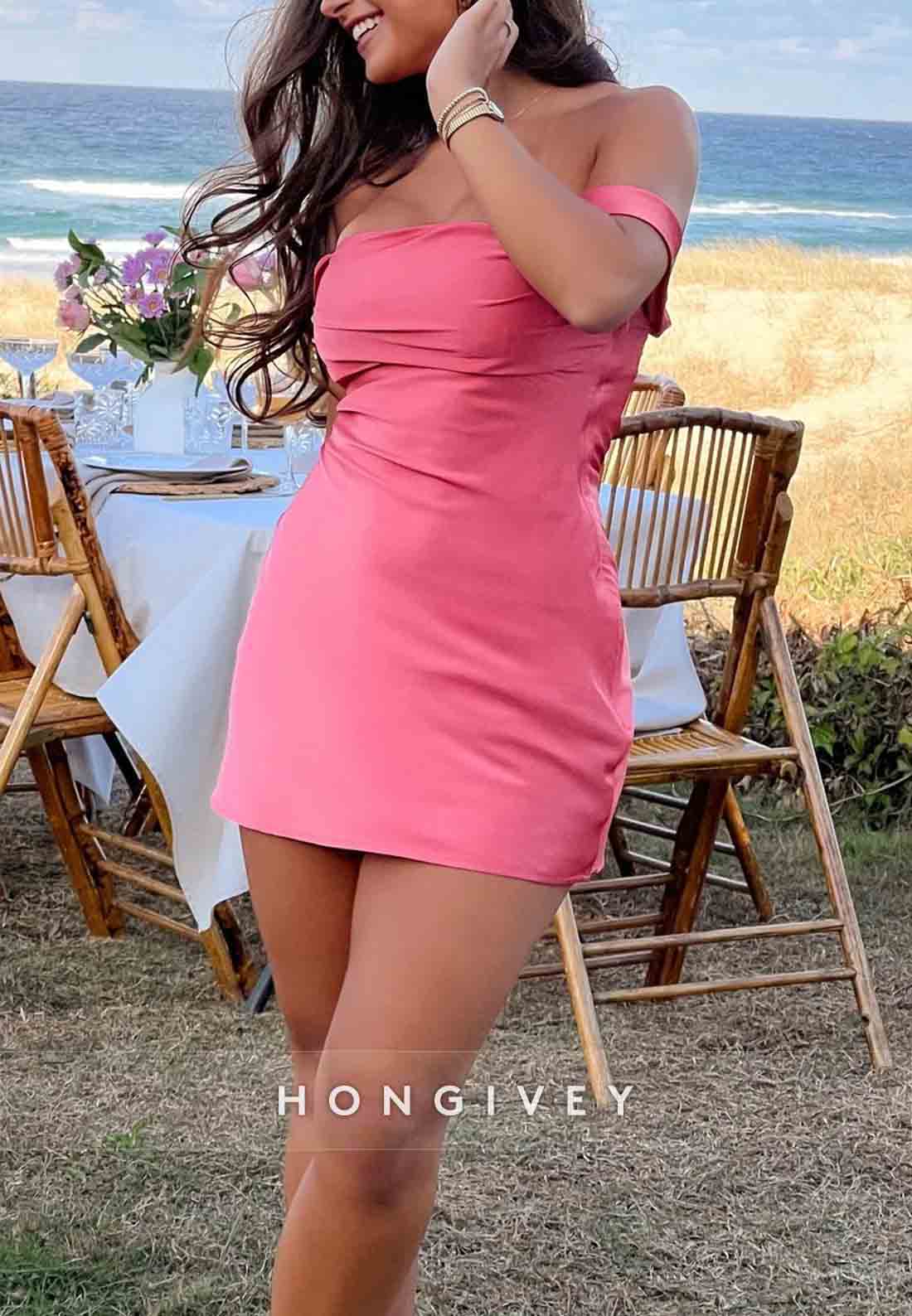 Chic Sheath Off the Shoulder Pleated Orange Satin Mini Homecoming Dress