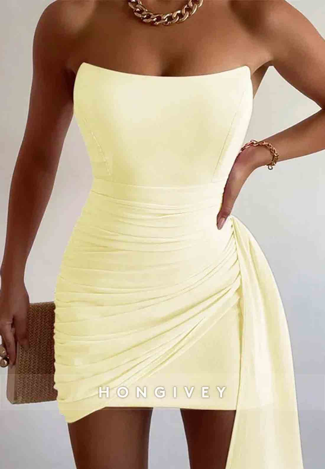 Side Draping Sheath Strapless Yellow Short Homecoming Dress with Ruched