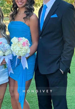 Ocean Blue Strapless Side Draping Pleated Short Homecoming Dresses with Ruched