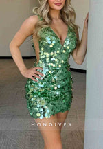 V-Neck Green Sequined Regular Straps Sleeveless Short Homecoming Dresses