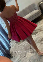 Satin Short Homecoming Dress with Beaded Corset Bodice and Sweetheart Neckline
