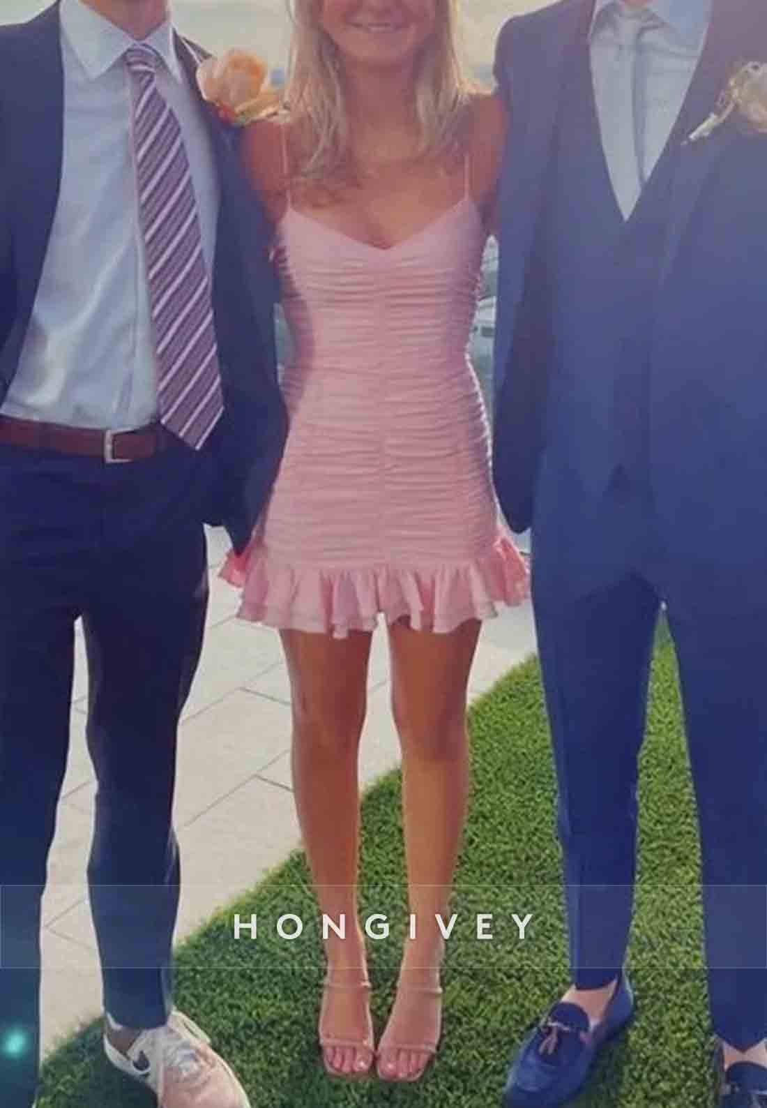 Fitted Flattering Spaghetti Straps Pink Mini Homecoming Dress with Ruched