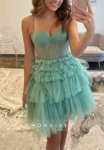 Green Corset Spaghetti Straps Short Homecoming Dress with Ruffles and Sparkle Details