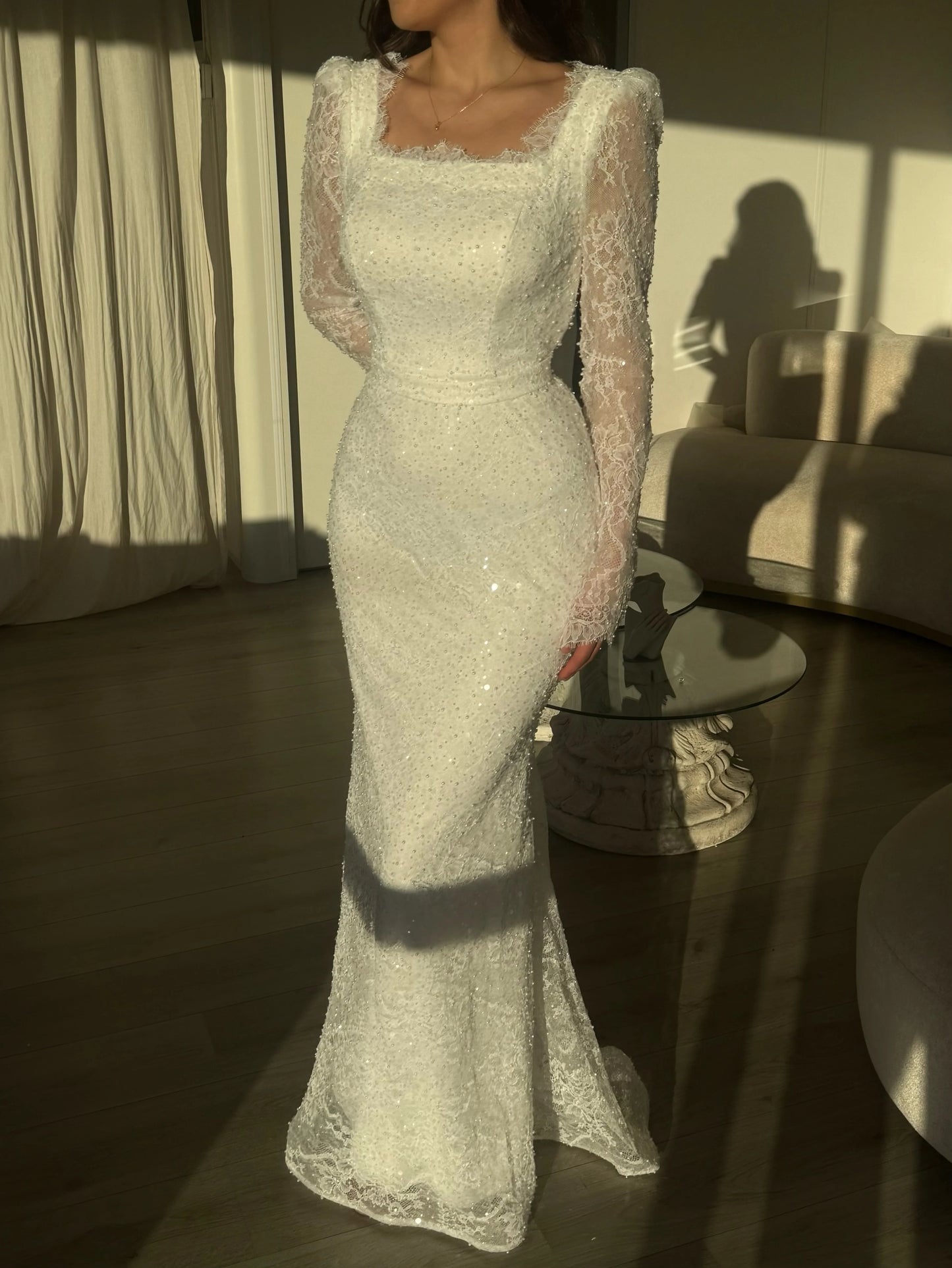 Lace Square Neck Long Sleeve Sequins Mermaid Evening Dress Floor-Length