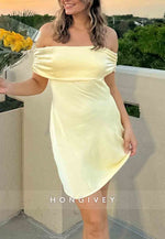Simple Off the Shoulder Elastic Satin Sheath Pleated Short Homecoming Dresses