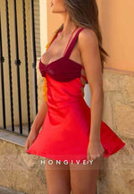 Tie Back Halter Sleeveless Satin Regular Straps Pleated Mini Homecoming Dresses