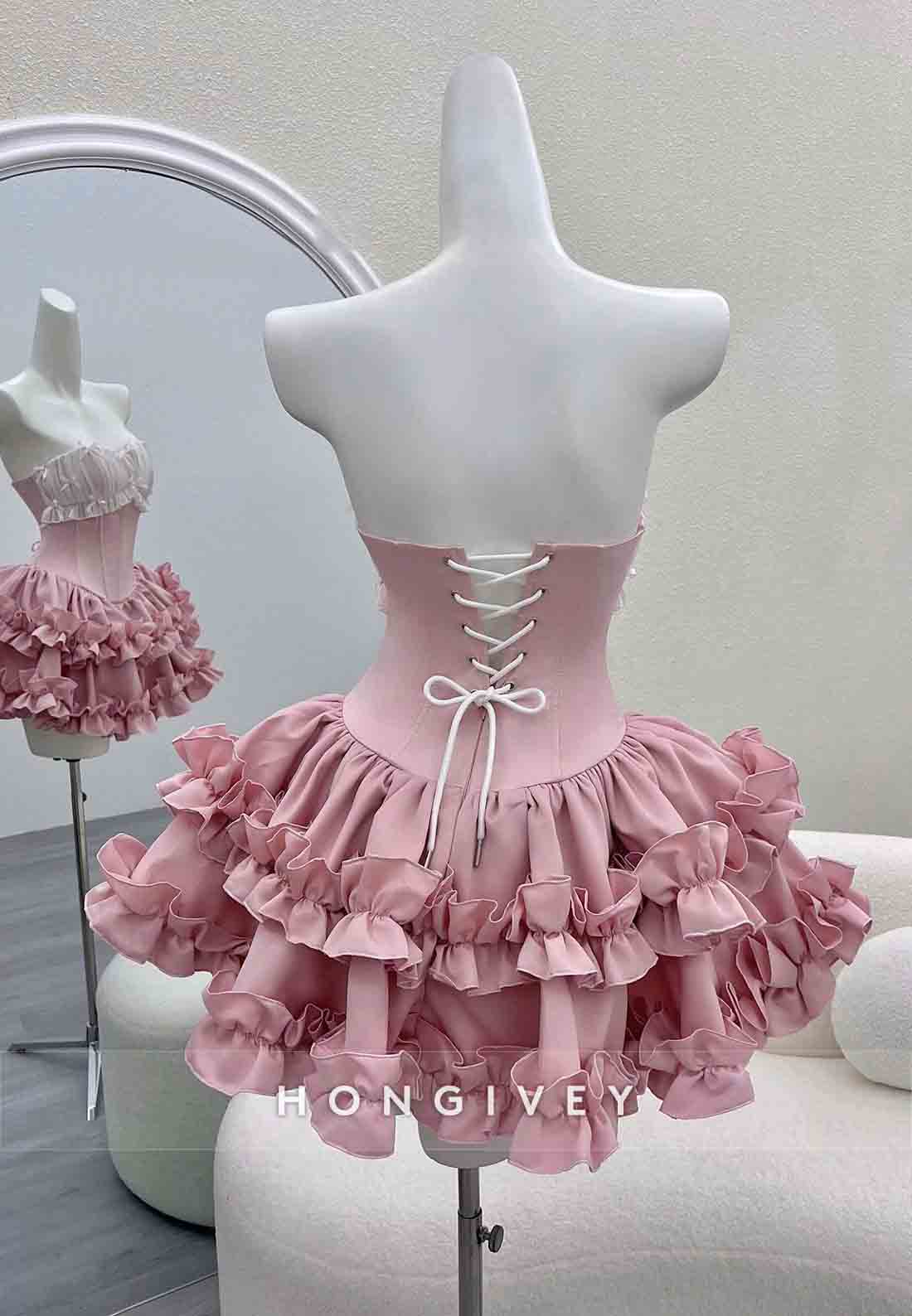 Chic Pink Strapless Ball Gown Short Homecoming Dresses with Ruched Bowknot