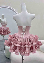 Chic Pink Strapless Ball Gown Short Homecoming Dresses with Ruched Bowknot