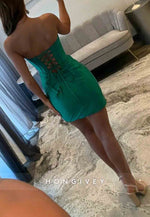 Satin Tie Back Strapless Homecoming Dress with Ruched Skirt and Corset Bodice