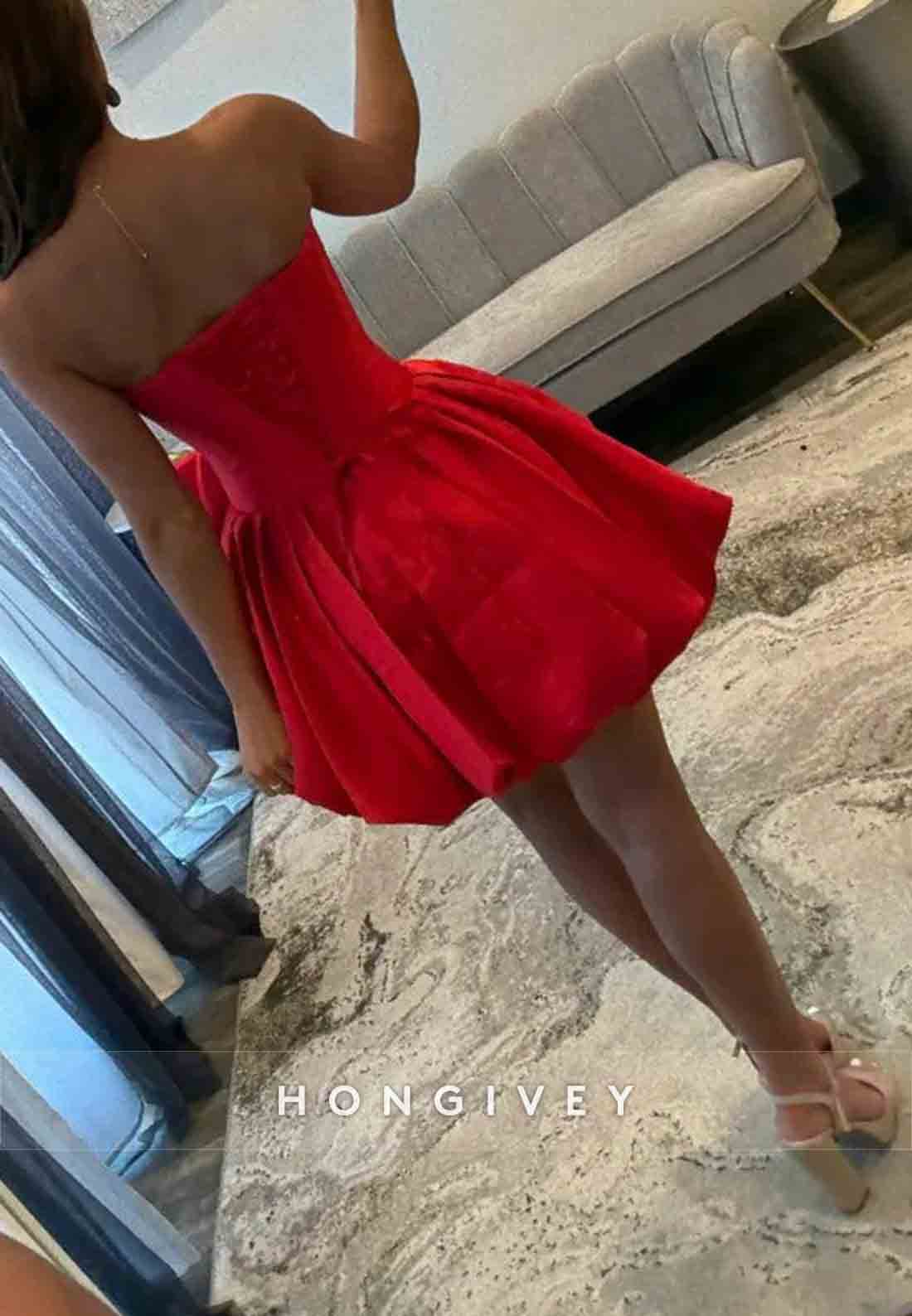 Strapless Red Corset A-Line Short Homecoming Dress with Dramatic Rose Detail