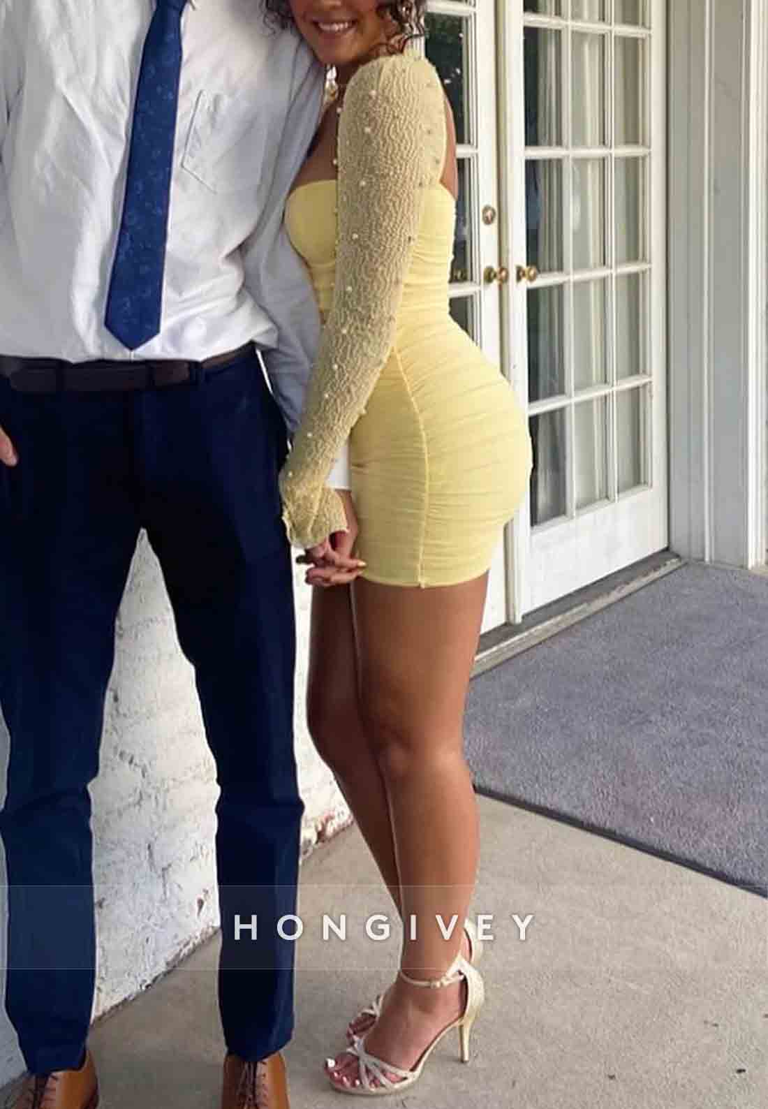 Sweetheart Sheath Yellow Long Sleeves Mini Homecoming Dress with Pearls