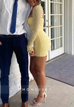 Sweetheart Sheath Yellow Long Sleeves Mini Homecoming Dress with Pearls