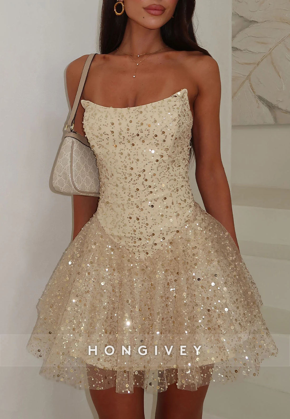 Gorgeous Goldrn Strapless A-Line Sequined Short Homecoming Dress