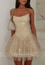 Gorgeous Goldrn Strapless A-Line Sequined Short Homecoming Dress