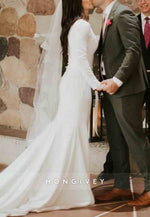 Simple Long Sleeves Satin Floor-Length Pleated Trumpet Wedding Dress