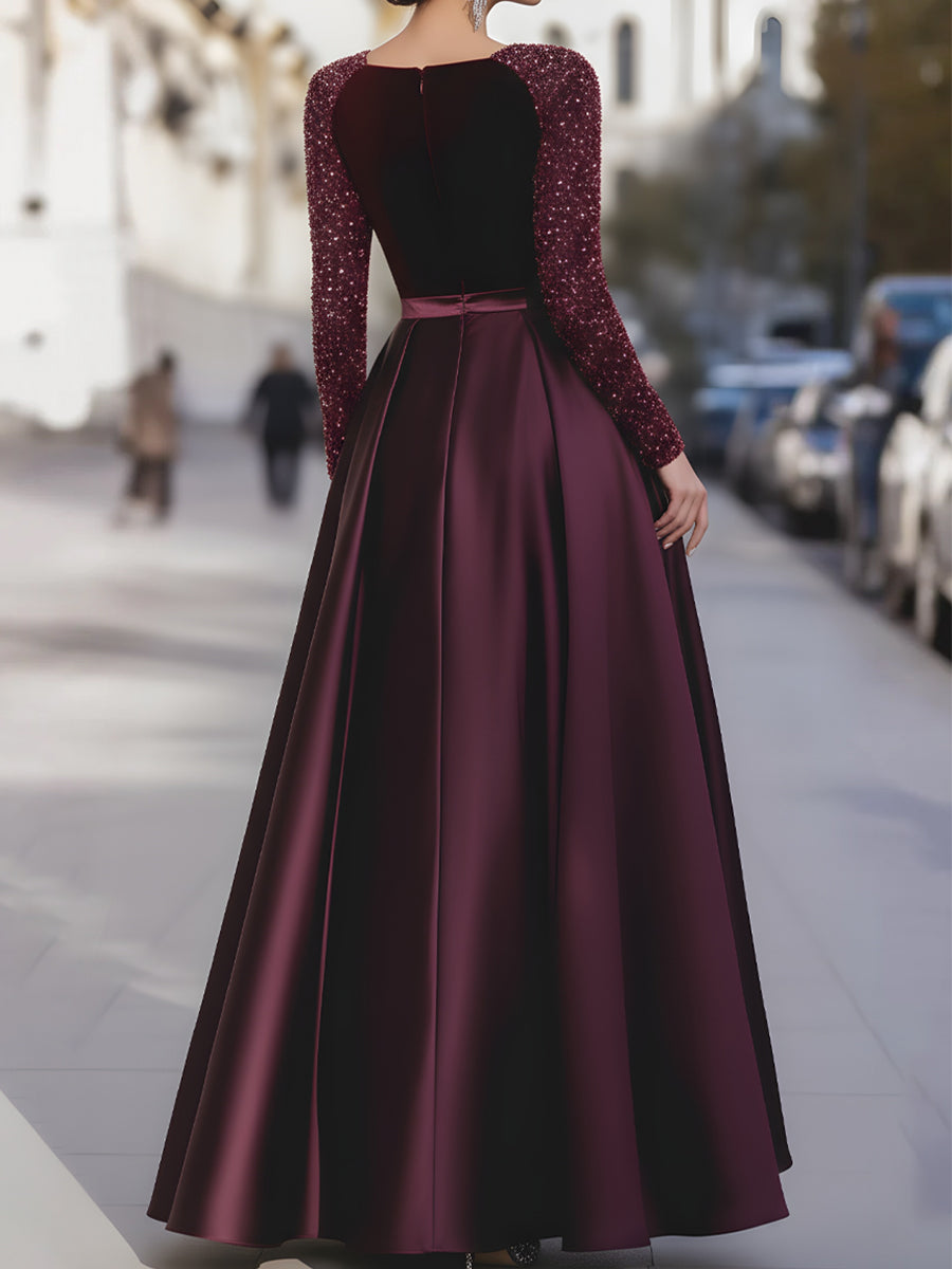 Velvet Sequin Sleeve Gown With Satin Skirt