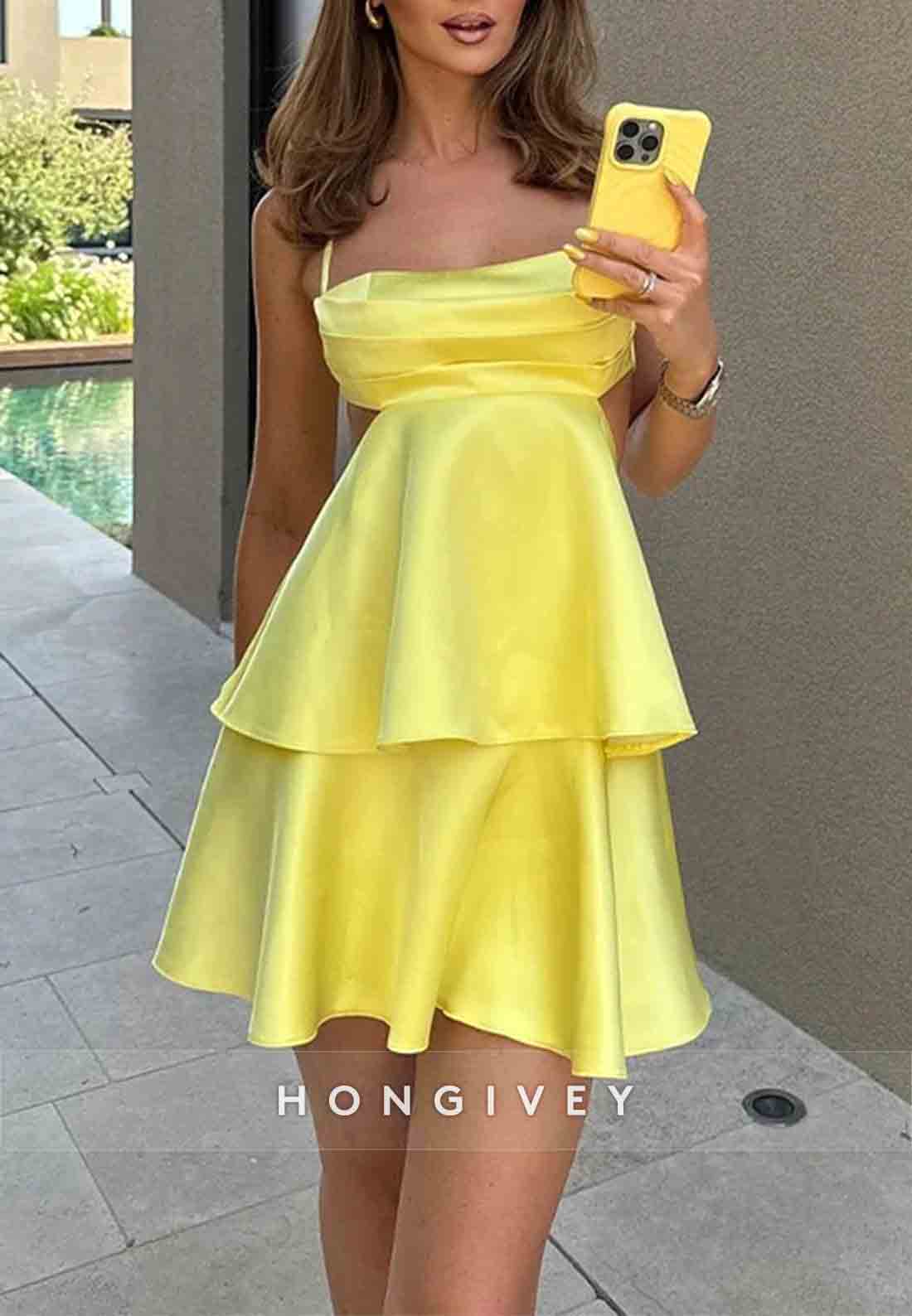 Mini A-Line Satin Pleated Crisscross Back Regular Straps Homecoming Dresses
