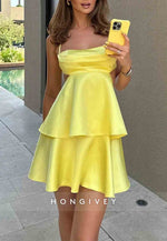 Mini A-Line Satin Pleated Crisscross Back Regular Straps Homecoming Dresses