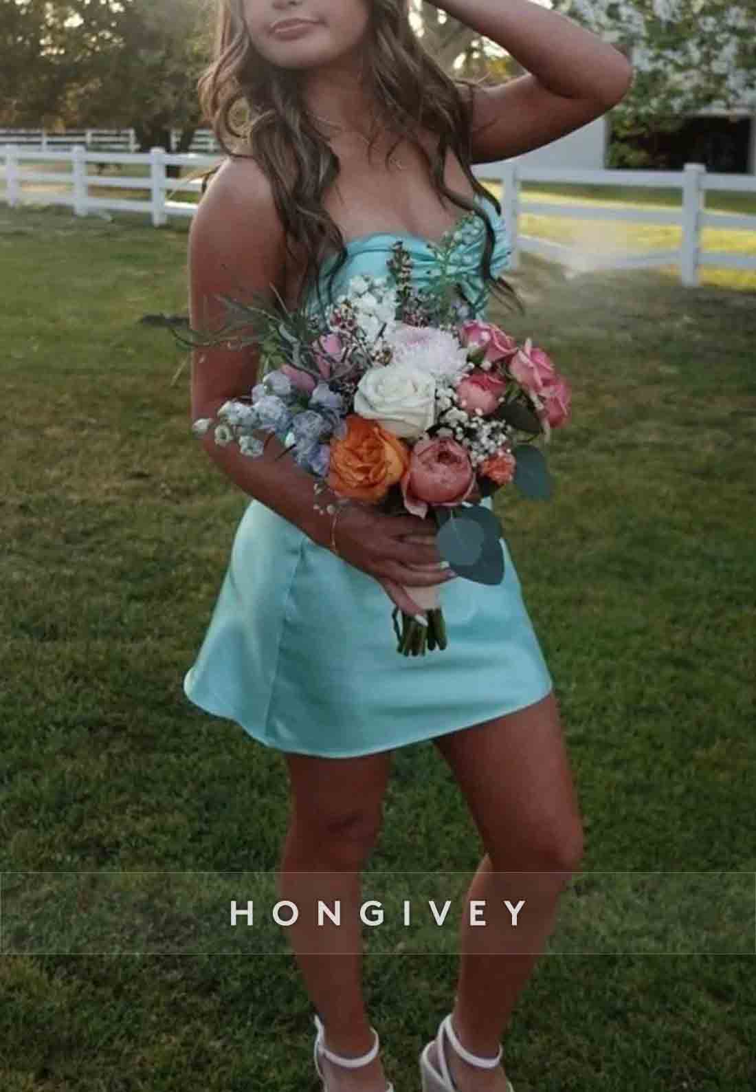 Strapless Stylish A Line Sweetheart Light Green Satin Short Homecoming Dress