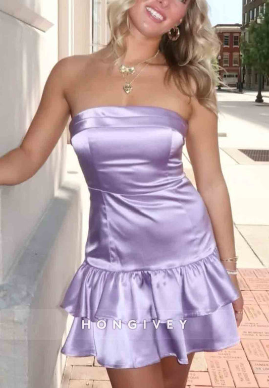 Cute Sheath Strapless Lilac Satin Short Homecoming Dress with Ruffles
