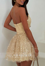 Gorgeous Goldrn Strapless A-Line Sequined Short Homecoming Dress